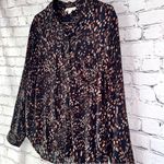 Beach Lunch Lounge Black and Brown Print Button Down Long Sleeve Blouse Size Lg Photo 1