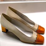 Stuart Weitzman  Women’s Color Block Orange Satin Beige Square Toe Block Heels Photo 0