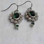 Sparkling Emerald Green Clear Rhinestone Silver Tone Fish Hook Like New Earrings Photo 1