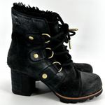Sorel Addington Lace Up Holiday Boots Heeled Platform Faux Fur Leather Black 6 Photo 2