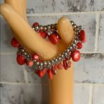 Red Beaded Slip On Elastic Bracelet with Silver Charms Photo 1