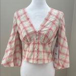 Bailey 44 Abigail Pink and Cream v-neck button front puff sleeve blouse top NWT Photo 0