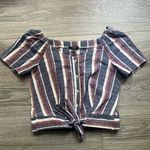 Drew  Anthropologie Muted Blue Red Striped Off Shoulder Cropped Button Down M Photo 0