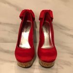 Bebe Stiletto High Heels Kahilia Ruby Red Size 8 Platform Cork Bow Formal Photo 3