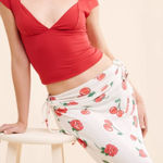 For Love & Lemons Wilma Midi Skirt Cherry Rose Print White Drawstring Ruched Red Photo 0