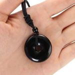 Natural Obsidian Stone Donut Black Pendant Necklace Gemstone - Boho, Bohemian Photo 0
