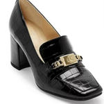 Liz Claiborne  Melba Block Heel Chunky Pumps Black Croc Embossed Gold Womens Sz 8 Photo 0