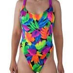 One Piece Vintage 80s Maillot Baltex Neon Hawaiian Floral Swimsuit Photo 0