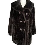 Vintage 70s Double Breasted Faux Fur Coat Large Buttons Pockets Orange Lining Brown Photo 0