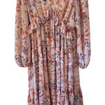 Arula Floral Maxi‎ Dress Long Sleeve Ruffle Tie Front Bohemian Tiered SZ 10 12 Tan Photo 0