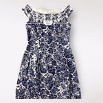 Carmen Marc Valvo  Blue Floral Beaded Boatneck Linen  Mini Dress‎ Size 8 Guest Photo 5