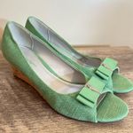 Etienne Aigner  Digit Wedges Shoes Bow Detail Fabric Green Women’s Size 8 Cork 2” Photo 0
