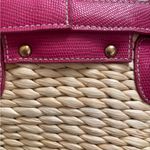 Vintage Vegetable Fiber Woven Basket Purse Top Handle Bag Pink Tan mirror Photo 2