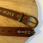 Brown Painted Tooled Southwestern Genuine Leather Brass Buckle Belt Size Large Photo 3