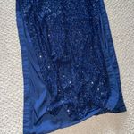 Cache 100% Silk Vintage Beaded Navy Blue Halter cross Strap Open Back Gown Photo 10