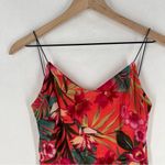 Papaya Coral Green Mesh Tropical Floral Print Spaghetti Strap V-Neck Mini Dress Photo 1