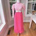 Vintage 60s Pink White Polka Dot High Neck Chiffon Prom Formal Dress XS or Small Photo 1