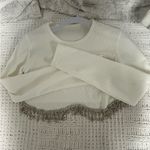 White Long Sleeve Crop Top with Rhinestone Trim Photo 1