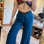 Cassandra Stone Vintage 100% Silk Teal Chiffon Wide Leg Pants with Beaded Waist Blue Size 6 Photo 4