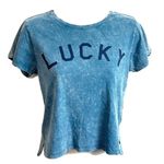 Lucky Brand hi low crop t shirt top graphic print blue small pullover distressed Photo 1
