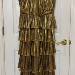 Mac Duggal NWT 30763 Gold High Neck Pleated Tiered Ruffle Metallic Gown Size 12 Photo 6