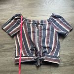 Drew  Anthropologie Muted Blue Red Striped Off Shoulder Cropped Button Down M Photo 5