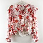 Maeve Floral Print Long-Sleeve Lace-Up Ruffled Sheer Blouse White Red Small P Photo 2