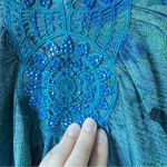 One World  Blue Embroidered Rhinestone Y2K Tunic Blouse Womens L Maximalist Top Photo 3