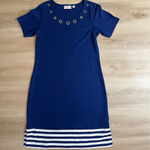 Quacker Factory Blue White Size XS Short Sleeve Striped Hem Knit Dress Grommets Photo 13