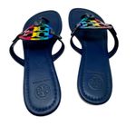 Tory Burch Navy Blue Rainbow Stripe Miller Logo Patent Leather Sandals Size 7 Photo 2