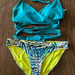 Aerie  Teal Lime Green Tie Back Bikini Set, M Photo 0