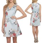CeCe Sleeveless V-Neck Floral Fit & Flare Mini Dress Women's 14 Blue Satin Party Photo 1