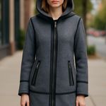 DKNY NWOT   Mixed Media Leather Trim Walker Coat Heather Grey Hooded Wool Blend Photo 1