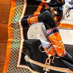 Vintage Equestrian themes print ORANGE/BLAK oversized silky Scarf 35/35 Orange Photo 12