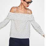 ZARA White & Black Polka Dotted Off The Shoulder Linen Blended Blouse Sz Sm NEW Photo 2