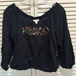 Candie's  Black/Red Floral Embroidered 3/4 Sleeve Boat Elastic Hem Blouse Size M‎ Photo 0