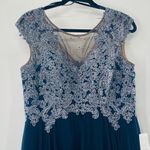 XScape NEW Navy Lace Chiffon Illusion Cap Sleeve Formal Evening Gown 12 Large Photo 3