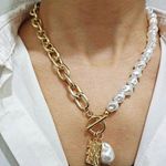 Baroque Irregular Pearl & Gold Lock Necklace NEW Photo 0