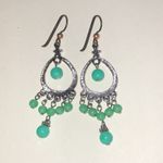 Elegant Silver Tone and Teal Green Beaded Boho Dangle Earrings Photo 4
