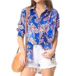 Free People Under The Palms Blue Floral Lightweight Button Down Shirt Size Small Photo 14