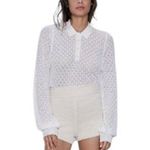 ZARA Top Womens Large White Sheer Knit Polo Cropped Long Sleeve Textured Photo 0