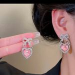 Pink Heart Bow Drop Earrings Silver Tone Crystal Accents NWT Photo 1