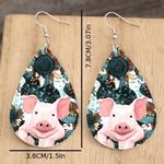 Faux leather piggy sunflower print dangle light‎ weight earrings Pink Photo 5