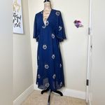 Stevie May Embroidered Leaf Dress V Neck, Lined, Empire Waist Open Back Size XS Blue Photo 2