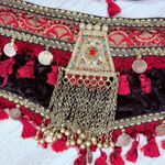 Vintage handmade beaded coin belly dancing hip belt side sash medium costume Red Photo 1