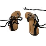 Gladiator Beaded Lace Up Flat Sandals Feathers Shoes Summer Beach Coastal Black Size 7 Photo 2