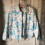 Talbots White 100% Cotton Jacket Turquoise Toile Print Button Blazer top Sz 6 P Photo 0