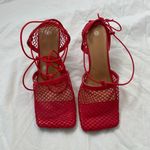 Red Sexy Vampy Square Toe Netted Mesh Lace Up High Kitten Heels EU 39 US 8 Photo 3
