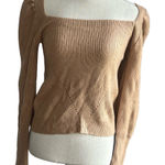 WAYF  Women's Camel Pullover Puff Sleeve Squared Neck Sweater Size Medium #243361 Photo 0