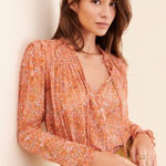 Free People  Lela Floral Smocked Ruffle Blouse Coral Size Medium Boho Sheer Photo 0